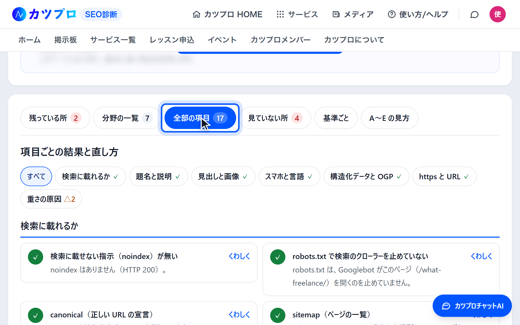 全部の項目のタブ。検索に載れるか・題名と説明・見出しと画像などの札と、項目ごとの ✓ が並んでいる