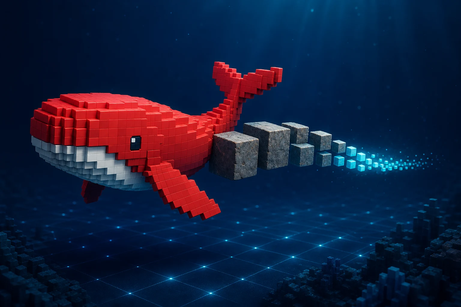KTX2圧縮のイメージ：ボクセルの赤いクジラが重い石のブロックを小さな光るキューブに圧縮しながら泳ぐ3Dイラスト
