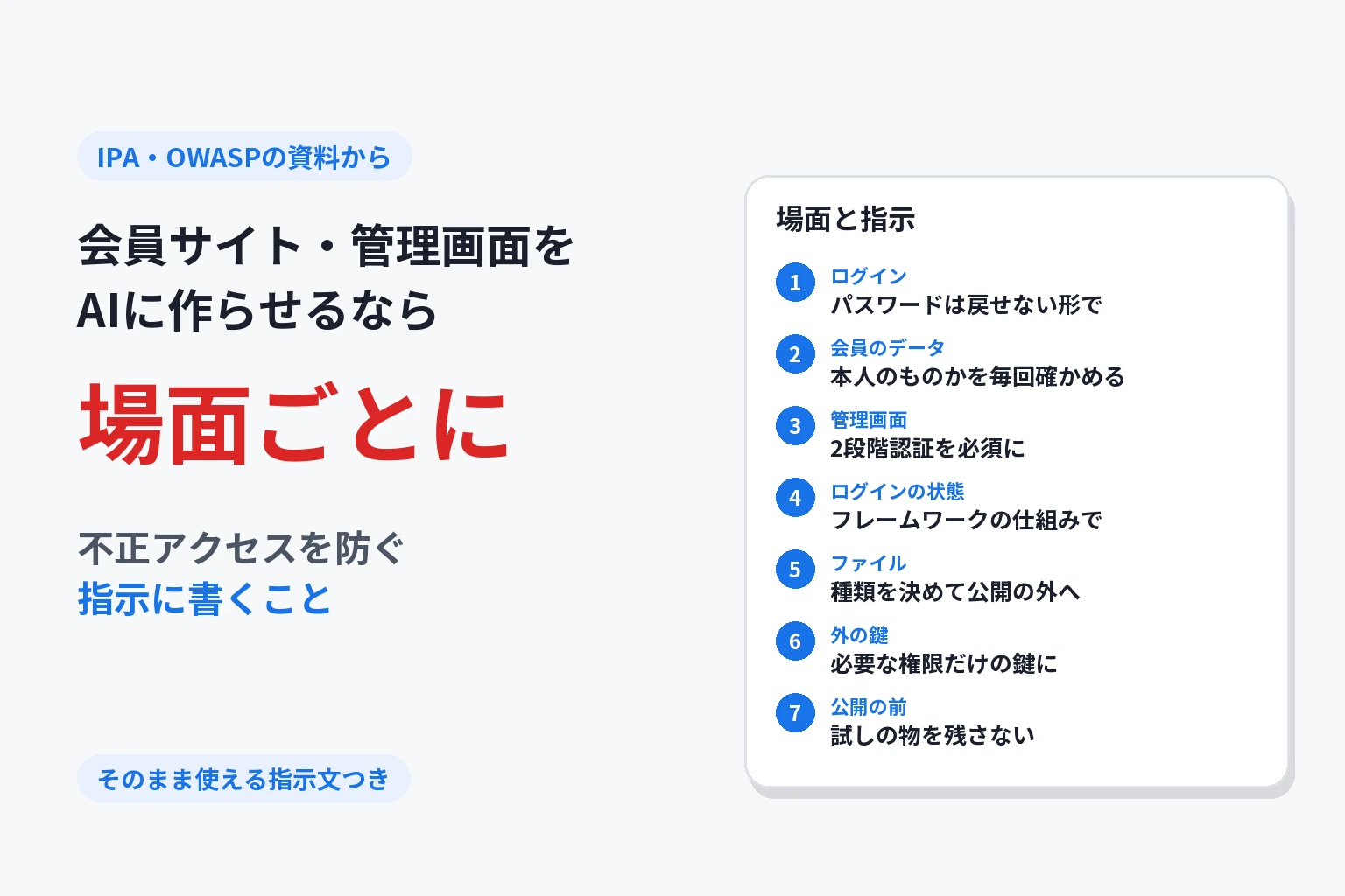 会員サイト・管理画面をAIに作らせるなら場面ごとに 不正アクセスを防ぐ指示に書くこと：ログイン＝パスワードは戻せない形で／会員のデータ＝本人のものかを毎回確かめる／管理画面＝2段階認証を必須に／ログインの状態＝フレームワークの仕組みで／ファイル＝種類を決めて公開の外へ／外の鍵＝必要な権限だけの鍵に／公開の前＝試しの物を残さない