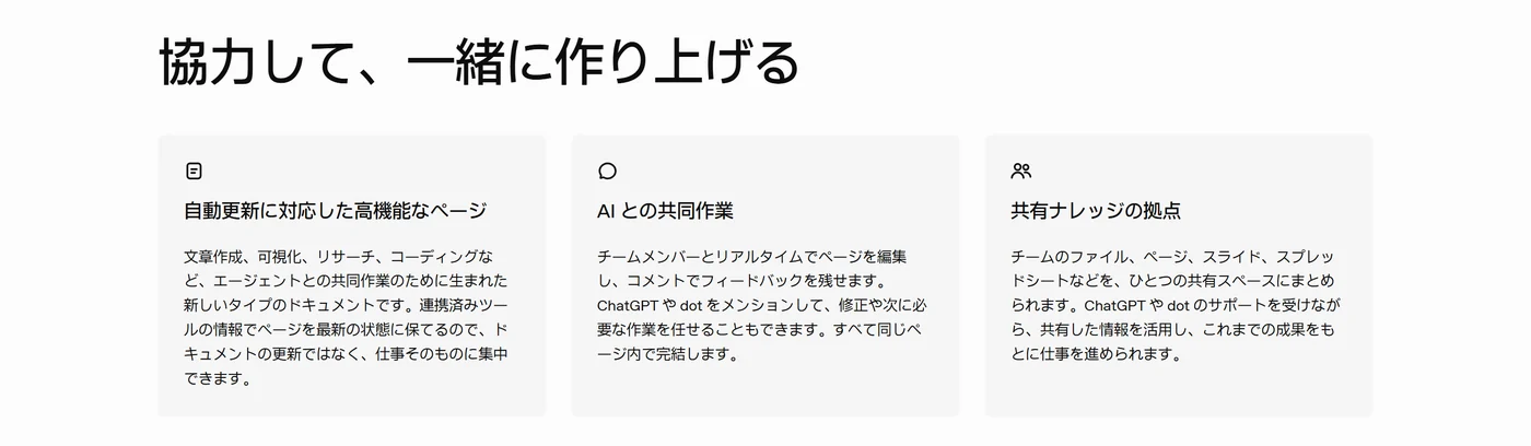 協力して、一緒に作り上げる。自動更新に対応した高機能なページ／AI との共同作業／共有ナレッジの拠点