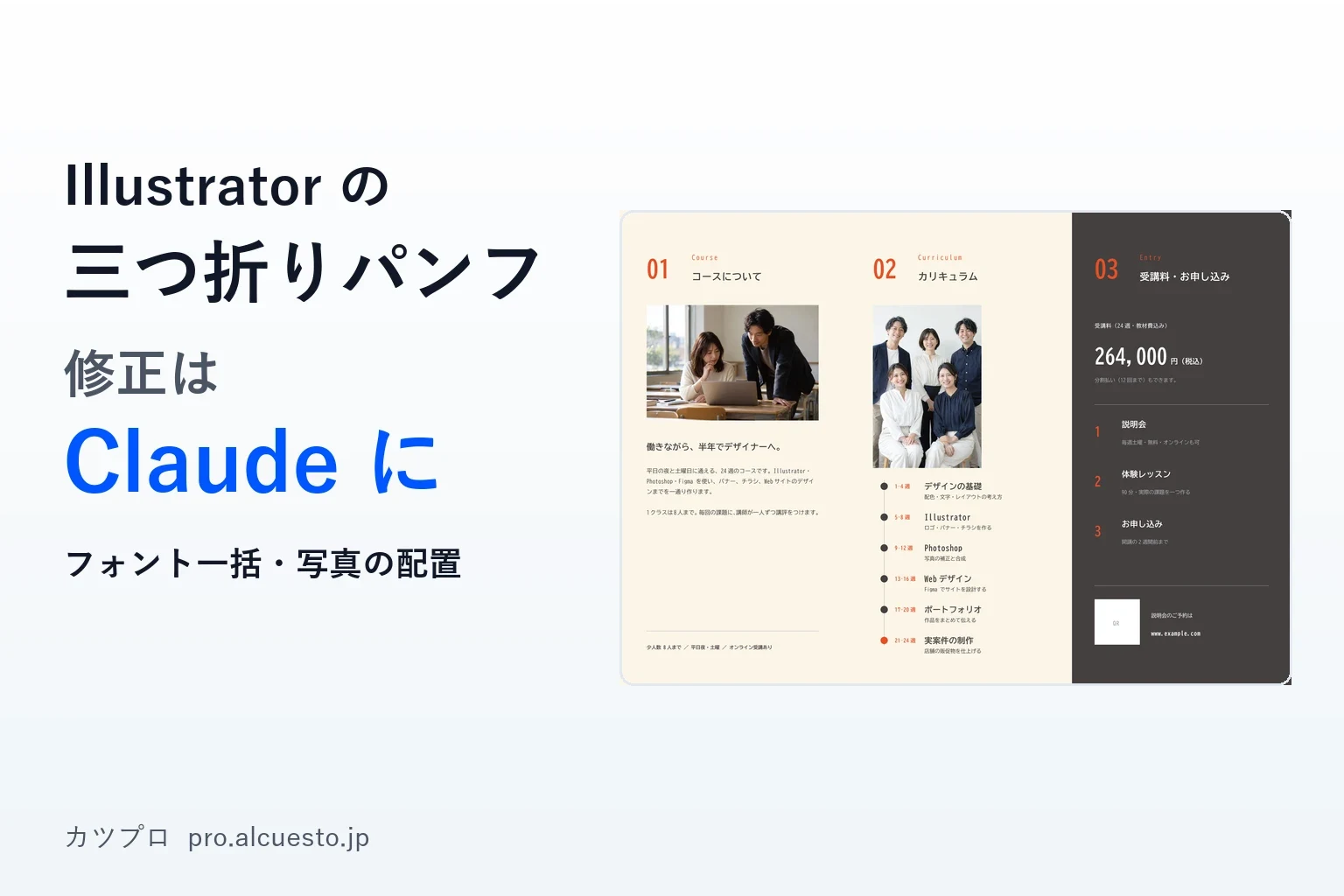 Illustrator の三つ折りパンフ 修正は Claude に フォント一括・写真の配置